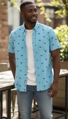 NWT IZOD Blue Button Down Shirt — XXL Golden Retriever Dad-Core, Dog Graphic AOP
